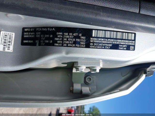 2015 Jeep Renegade Latitude მანქანა იყიდება აუქციონზე, vin: ZACCJABT4FPB43687, აუქციონის ნომერი: 45065149