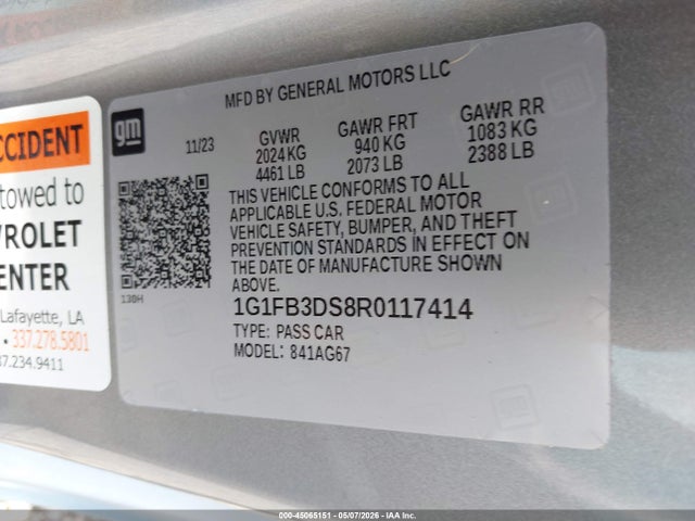 2024 Chevrolet Camaro Rwd  1lt მანქანა იყიდება აუქციონზე, vin: 1G1FB3DS8R0117414, აუქციონის ნომერი: 45065151
