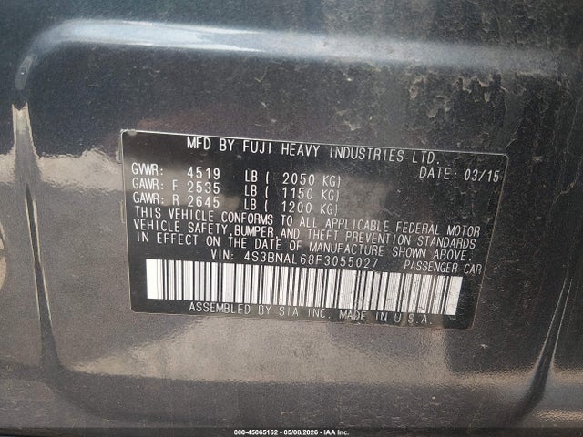 45065162 :رقم المزاد ، 4S3BNAL68F3055027 vin ، 2015 Subaru Legacy 2.5i Limited مزاد بيع