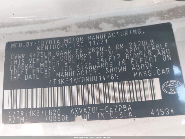 4T1K61AK0NU014165 Toyota CAMRY XSE