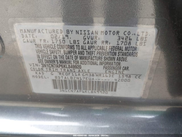Продаж на аукціоні авто 2019 Nissan Versa 1.6 Sv, vin: 3N1CN7AP6KL849920, номер лоту: 45065166