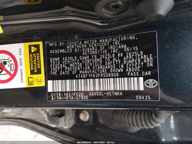 2015 Toyota Camry Le მანქანა იყიდება აუქციონზე, vin: 4T4BF1FK3FR508908, აუქციონის ნომერი: 45065167