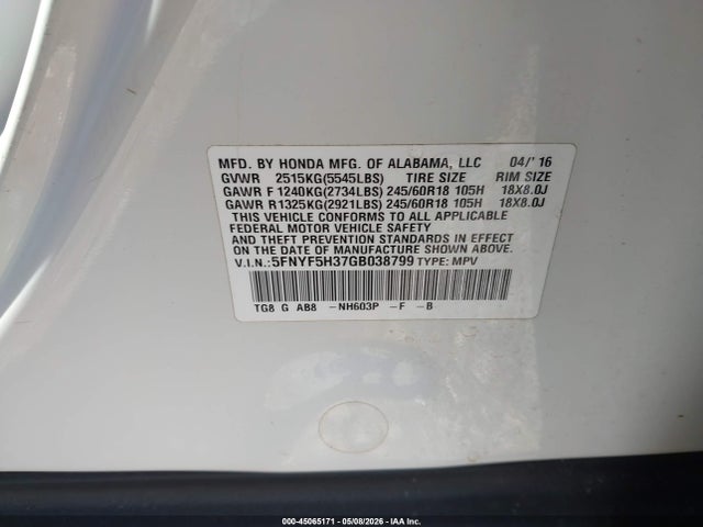 2016 Honda Pilot Ex მანქანა იყიდება აუქციონზე, vin: 5FNYF5H37GB038799, აუქციონის ნომერი: 45065171