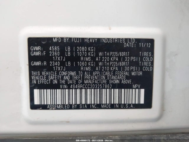 Продажа на аукционе авто 2013 Subaru Outback 2.5i Premium, vin: 4S4BRCCC2D3257862, номер лота: 45065172