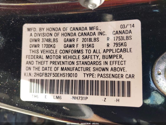Продаж на аукціоні авто 2014 Honda Civic Lx, vin: 2HGFB2F50EH519010, номер лоту: 45065177