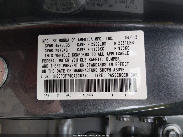 Aukcja sprzedaży 2012 Honda Accord 3.5 Ex, vin: 1HGCP3F76CA030750, numer aukcji: 45065184