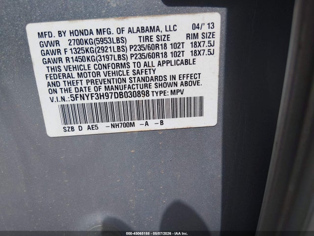 Aukcja sprzedaży 2013 Honda Pilot Touring, vin: 5FNYF3H97DB030898, numer aukcji: 45065188