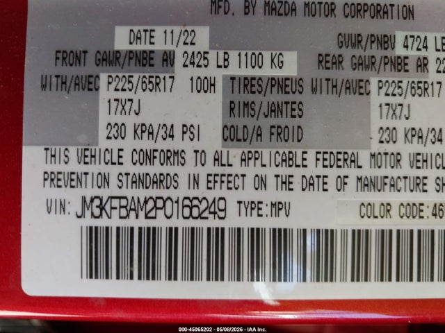 45065202 :رقم المزاد ، JM3KFBAM2P0166249 vin ، 2023 Mazda Cx-5 2.5 S مزاد بيع