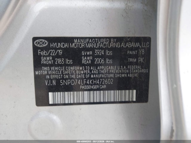 2019 Hyundai Elantra Se მანქანა იყიდება აუქციონზე, vin: 5NPD74LF4KH472602, აუქციონის ნომერი: 45065203
