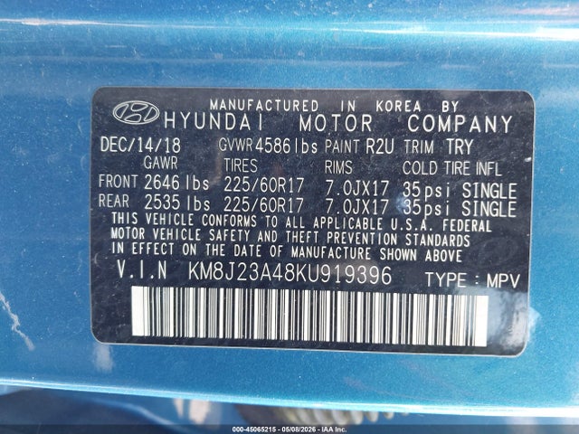 2019 Hyundai Tucson Se მანქანა იყიდება აუქციონზე, vin: KM8J23A48KU919396, აუქციონის ნომერი: 45065215