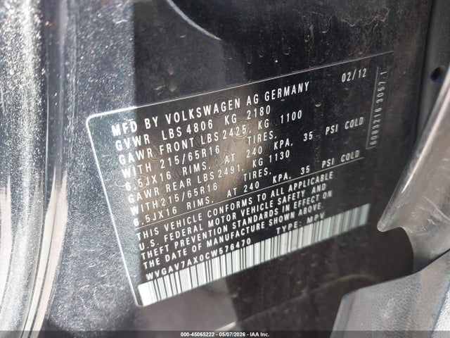 2012 Volkswagen Tiguan Le მანქანა იყიდება აუქციონზე, vin: WVGAV7AX0CW576470, აუქციონის ნომერი: 45065222