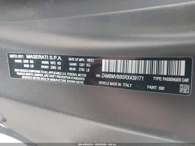 45065224 :رقم المزاد ، ZAMBMVBB5RX439171 vin ، 2024 Maserati Granturismo Modena مزاد بيع