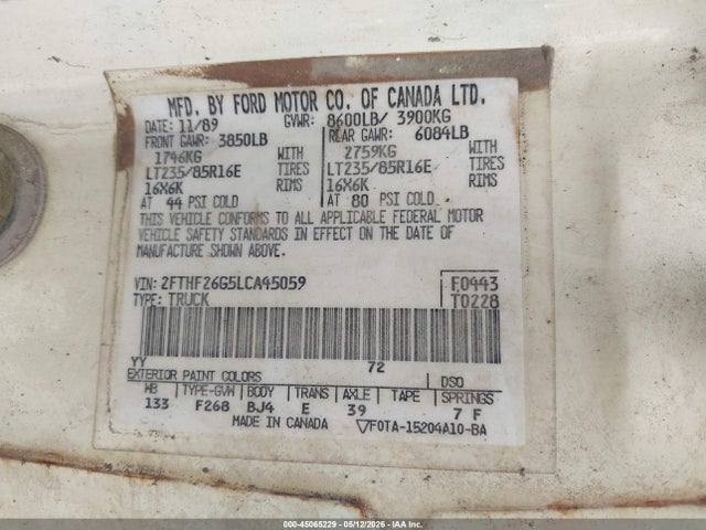 1990 Ford F250 მანქანა იყიდება აუქციონზე, vin: 2FTHF26G5LCA45059, აუქციონის ნომერი: 45065229