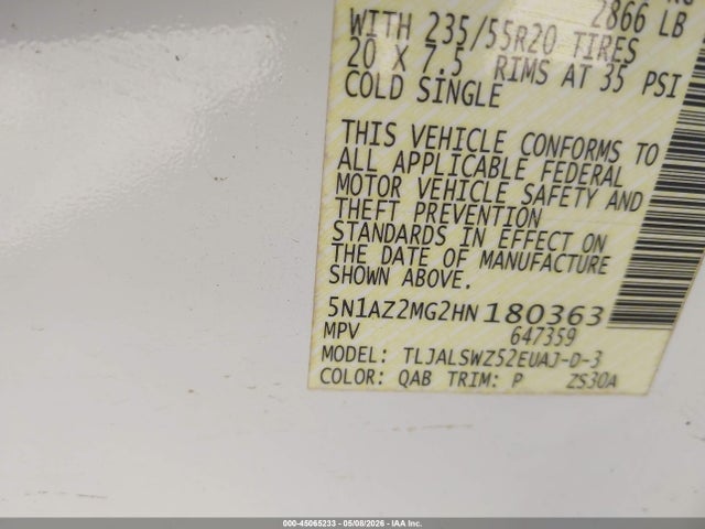 Aukcja sprzedaży 2017 Nissan Murano Platinum, vin: 5N1AZ2MG2HN180363, numer aukcji: 45065233