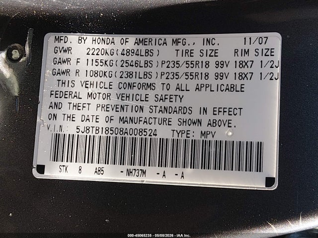 Aukcja sprzedaży 2008 Acura Rdx, vin: 5J8TB18508A008524, numer aukcji: 45065235