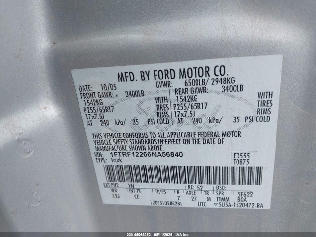 Продажа на аукционе авто 2006 Ford F-150 Stx/xl/xlt, vin: 1FTRF12266NA56840, номер лота: 45065252