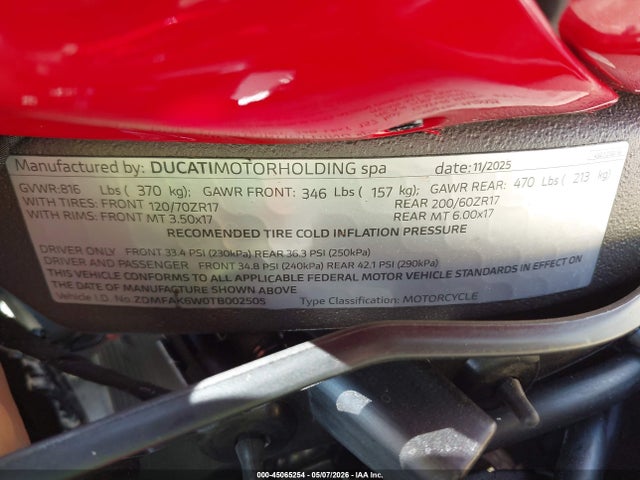 Aukcja sprzedaży 2026 Ducati Streetfighter V4/v4s, vin: ZDMFAK6W0TB002505, numer aukcji: 45065254