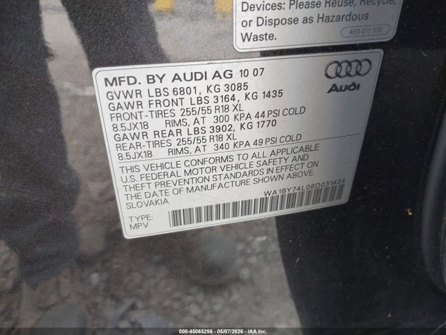 45065256 :رقم المزاد ، WA1BY74L08D031424 vin ، 2008 Audi Q7 3.6 Premium مزاد بيع