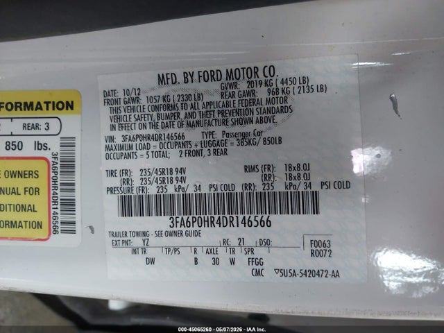2013 Ford Fusion Se მანქანა იყიდება აუქციონზე, vin: 3FA6P0HR4DR146566, აუქციონის ნომერი: 45065260