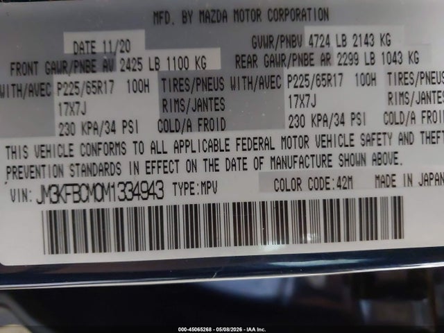 45065268 :رقم المزاد ، JM3KFBCM0M1334943 vin ، 2021 Mazda Cx-5 Touring مزاد بيع