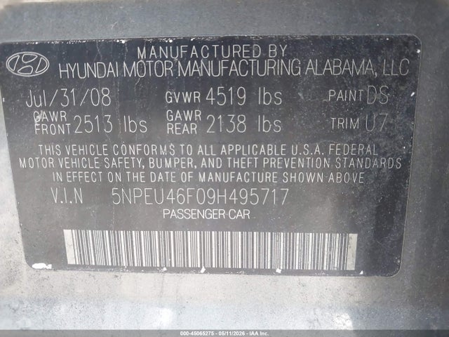 45065275 :رقم المزاد ، 5NPEU46F09H495717 vin ، 2009 Hyundai Sonata Limited V6 مزاد بيع