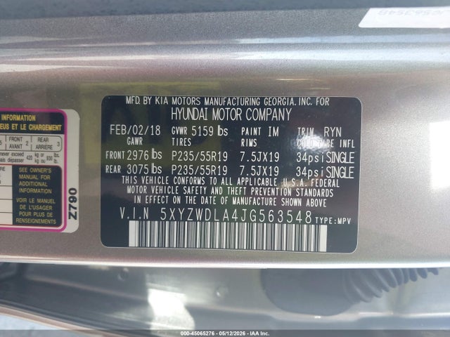 45065276 :رقم المزاد ، 5XYZWDLA4JG563548 vin ، 2018 Hyundai Santa Fe Sport 2.0t Ultimate مزاد بيع