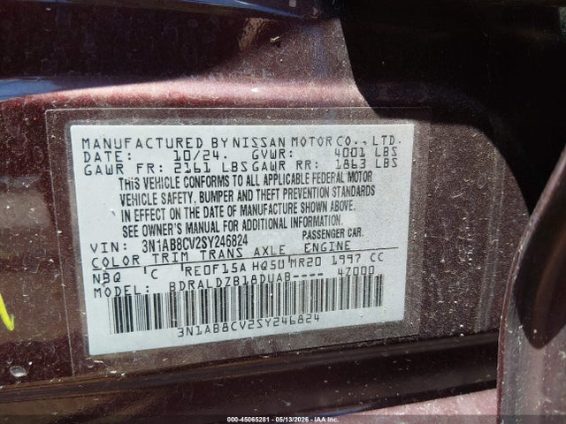 2025 Nissan Sentra Sv მანქანა იყიდება აუქციონზე, vin: 3N1AB8CV2SY246824, აუქციონის ნომერი: 45065281