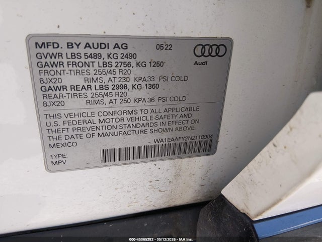 45065282 :رقم المزاد ، WA1EAAFY2N2118904 vin ، 2022 Audi Q5 Premium Plus 45 Tfsi S Line Quattro S Tronic مزاد بيع