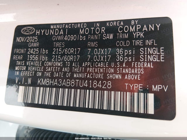 Продажа на аукционе авто 2026 Hyundai Kona Se, vin: KM8HA3AB8TU418428, номер лота: 45065283