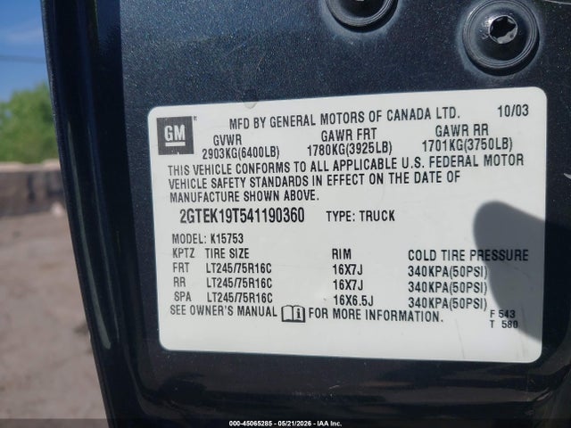 45065285 :رقم المزاد ، 2GTEK19T541190360 vin ، 2004 Gmc Sierra 1500 Sle مزاد بيع