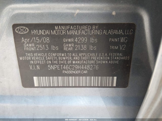 Aukcja sprzedaży 2009 Hyundai Sonata Gls, vin: 5NPET46C29H448276, numer aukcji: 45065287