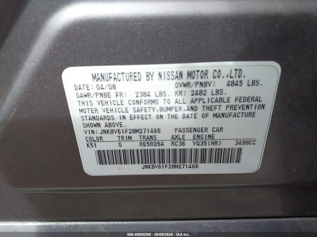 Aukcja sprzedaży 2008 Infiniti G35x, vin: JNKBV61F28M271466, numer aukcji: 45065290