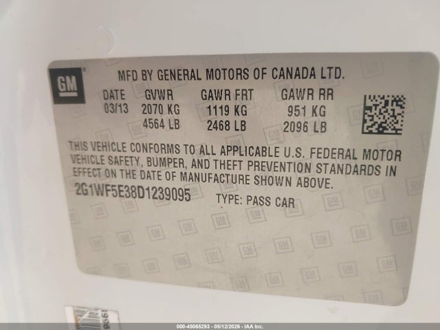 45065293 :رقم المزاد ، 2G1WF5E38D1239095 vin ، 2013 Chevrolet Impala Ls مزاد بيع