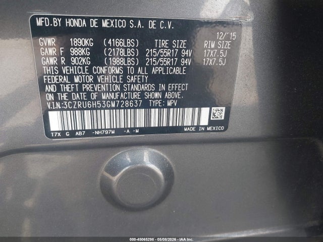 Aukcja sprzedaży 2016 Honda Hr-v Ex, vin: 3CZRU6H53GM728637, numer aukcji: 45065298