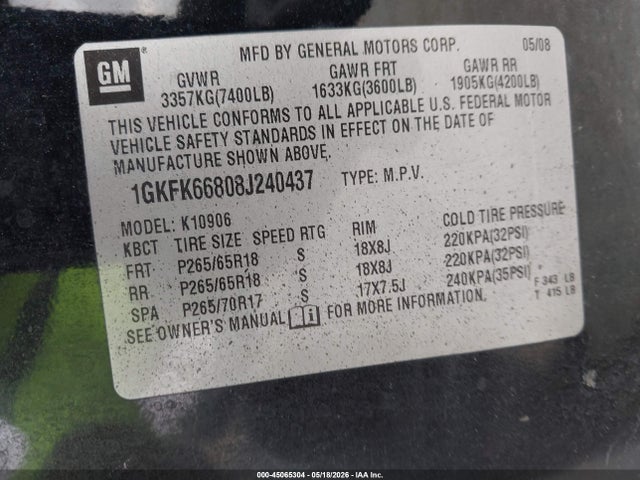 Продажа на аукционе авто 2008 Gmc Yukon Xl 1500 Denali, vin: 1GKFK66808J240437, номер лота: 45065304
