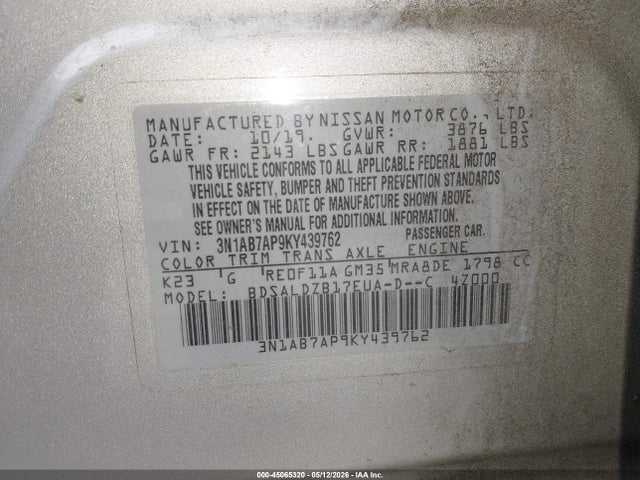 Aukcja sprzedaży 2019 Nissan Sentra Sv, vin: 3N1AB7AP9KY439762, numer aukcji: 45065320