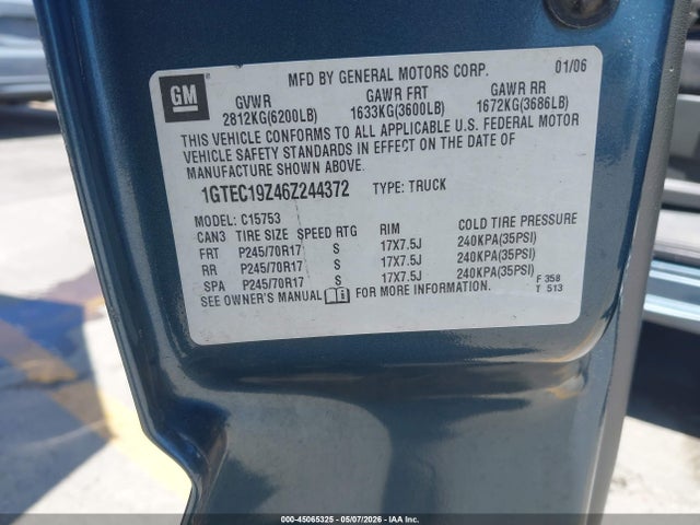 45065325 :رقم المزاد ، 1GTEC19Z46Z244372 vin ، 2006 Gmc Sierra 1500 Sle2 مزاد بيع