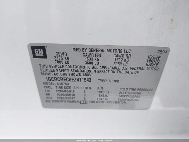 Продаж на аукціоні авто 2014 Chevrolet Silverado 1500 1lt, vin: 1GCRCREC8EZ411543, номер лоту: 45065328