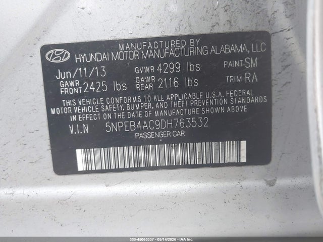 Aukcja sprzedaży 2013 Hyundai Sonata Gls, vin: 5NPEB4AC9DH763532, numer aukcji: 45065337