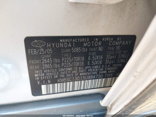 Продажа на аукционе авто 2005 Hyundai Santa Fe Gls, vin: KM8SC13D15U984730, номер лота: 45065347