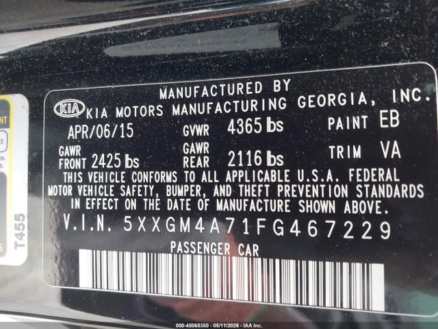2015 Kia Optima Lx მანქანა იყიდება აუქციონზე, vin: 5XXGM4A71FG467229, აუქციონის ნომერი: 45065350