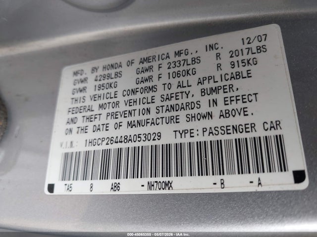 Продажа на аукционе авто 2008 Honda Accord 2.4 Lx-p, vin: 1HGCP26448A053029, номер лота: 45065355