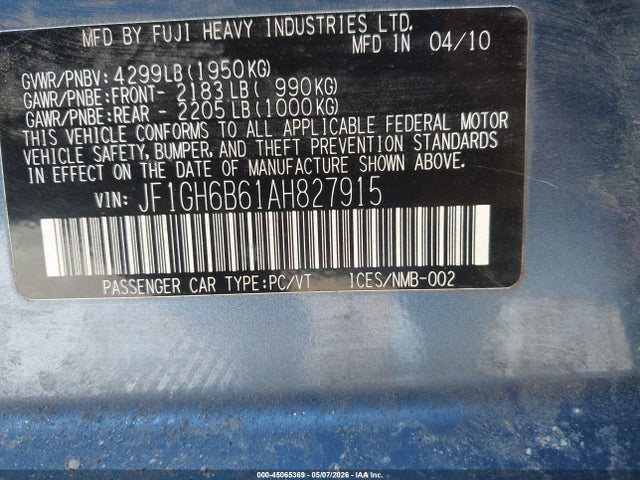 45065369 :رقم المزاد ، JF1GH6B61AH827915 vin ، 2010 Subaru Impreza 2.5i Premium مزاد بيع