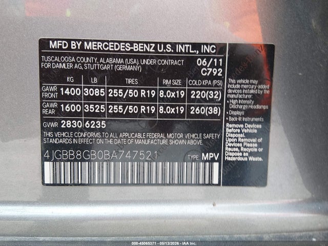 Aukcja sprzedaży 2011 Mercedes-benz Ml 350 4matic, vin: 4JGBB8GB0BA747521, numer aukcji: 45065371