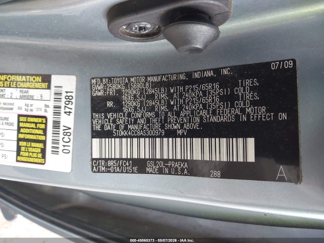 Aukcja sprzedaży 2010 Toyota Sienna Le, vin: 5TDKK4CC8AS300979, numer aukcji: 45065373