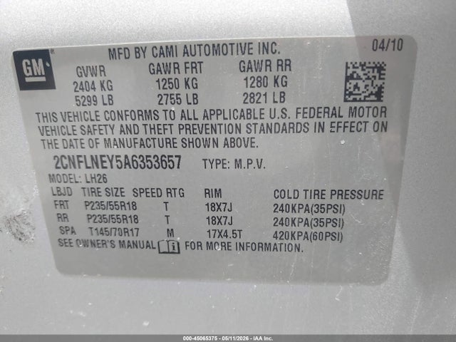 Продаж на аукціоні авто 2010 Chevrolet Equinox Lt, vin: 2CNFLNEY5A6353657, номер лоту: 45065375