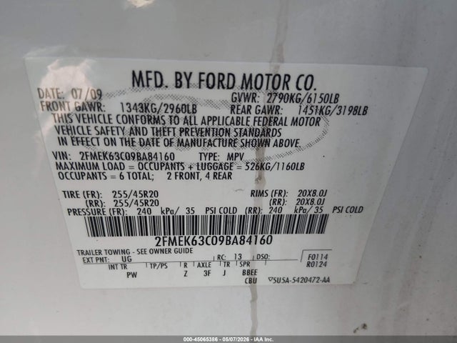 Aukcja sprzedaży 2009 Ford Flex Limited, vin: 2FMEK63C09BA84160, numer aukcji: 45065386