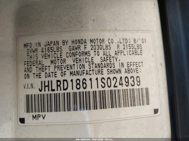 Aukcja sprzedaży 2001 Honda Cr-v Ex, vin: JHLRD18611S024939, numer aukcji: 45065394