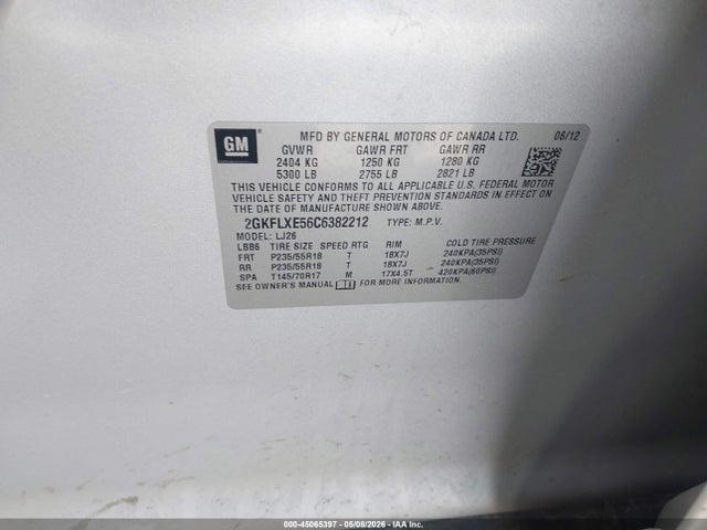 2012 Gmc Terrain Slt-2 მანქანა იყიდება აუქციონზე, vin: 2GKFLXE56C6382212, აუქციონის ნომერი: 45065397