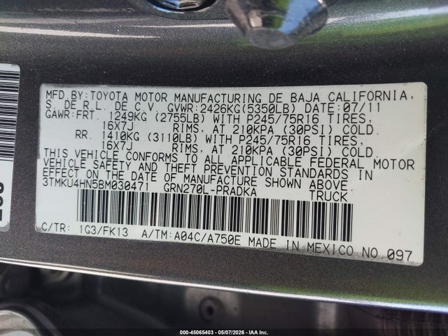 Aukcja sprzedaży 2011 Toyota Tacoma Prerunner V6, vin: 3TMKU4HN5BM030471, numer aukcji: 45065403